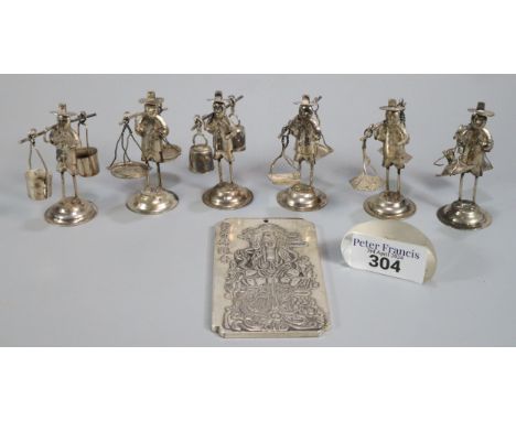 Collection of Asian white metal figures of farmers with their scales and buckets, marked to the underside 'Made in Hong Kong'