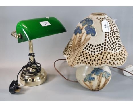 Modern brass desk/banker's lamp with green glass shade together with a ceramic mushroom design and relief floral table lamp. 