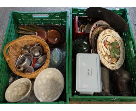 Two crates of kitchenalia to include: jelly moulds, wicker basket containing miniature cookware, small copper frying pans, 'A
