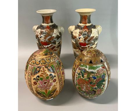 Two Chinese style polychrome ceramic eggs together wit ha pair of Japanese Kyoto Satsuma figural vases.  (4)   (B.P. 21% + VA