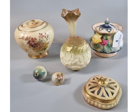 Mixed collection of mainly Royal Worcester Blush Ivory design items including: globular vase, spill vase, jar and cover, fini