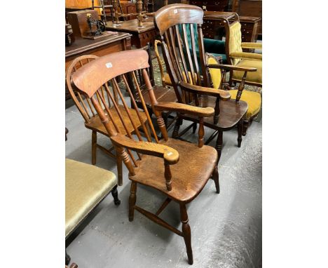 Collection of chairs to include: two similar elm and beech spindle and slat back farmhouse carver chairs, late 19th century l