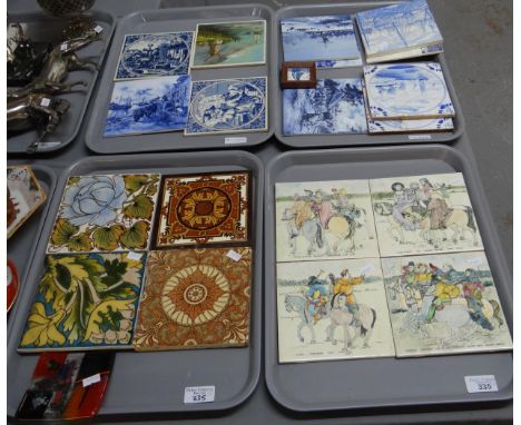 Four trays of ceramic hand painted and transfer printed tiles to include: four Hereford Tiles Ltd with medieval scenes of fig