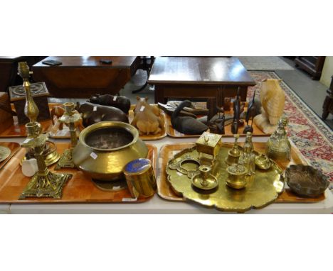 Two trays of brassware to include: candlesticks, table lamp, lidded pot, large spitoon, small tray or plaque with etched orie