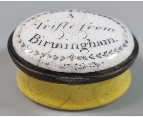 18th century Bilston enamel patch box, 'A Trifle from Birmingham'.   (B.P. 21% + VAT) 