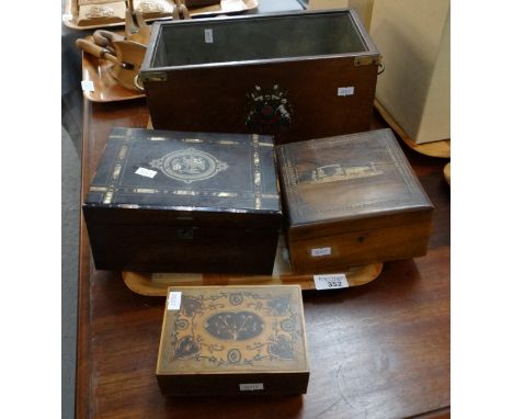 Leather and brass two handled planter with tin lining and armorial together with three wooden boxes, one musical, one probabl