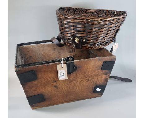 Modern wicker fishing creel together with a rustic pine and metal mounted trug with swing handle.  (2)   (B.P. 21% + VAT) 