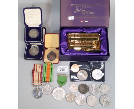 Bag of oddments to include: Corgi Queen Elizabeth II Golden Jubilee Tram in original box, two silver Athletics medals/medalli