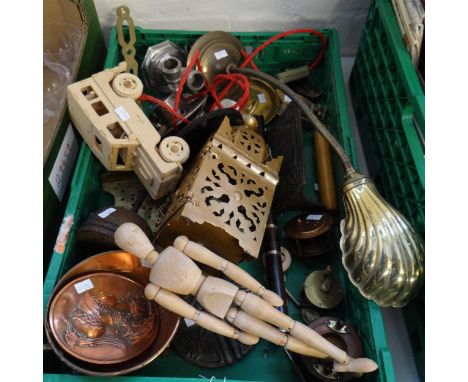 Box of assorted items to include: a wooden artist dummy/figure, candlesticks, plated chamber stick, wooden model of a car, fi