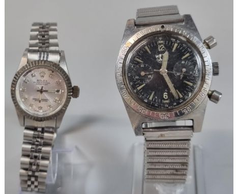 W S vintage steel two button chronograph wristwatch with duo dial and associated expanding bracelet strap together with a ste