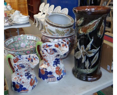 Seven ceramic items to include: modern Chinese polychrome and another centre bowl, oriental design planters, Ringtons Tea Mer