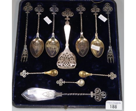 Cased silver plated Victorian spoon, fork and knife set by Jehoiada Alsop Rhodes Barber.   (B.P. 21% + VAT) 