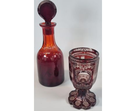 19th century ruby flash glass goblet depicting The North West View of York Minster together with a ruby glass mallet shaped d