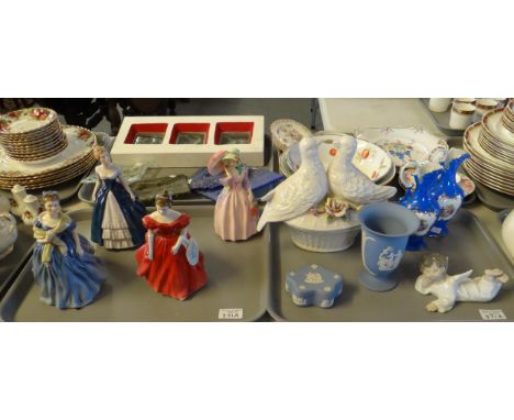 Two trays of china to include: various figurines; Royal Doulton 'Adrienne', 'Winsome' HN2220 and 'Miss Demure' HN1402, Welshc