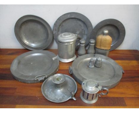 Eighteenth/nineteenth century pewter to include plate warmers A/F, chamber stick, plates, condiments and other itemsLocation: