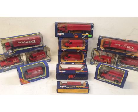 A collection of thirteen boxed die cast Corgi Royal Mail, Royal Mail Datapost and Parcel Force vehicles to include the C1238 