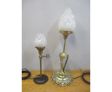 An Art Nouveau polished brass table lamp with a frosted glass flame design shade, and a converted gas lamp, rewired and pat t