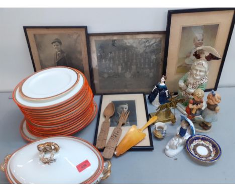 A miscellaneous of comprising framed photos, a part dinner service with orange rim A/F, a Crown Staffordshire dish, a Goebel 