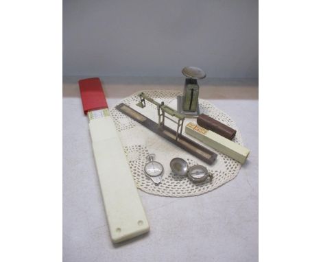 A mixed lot to include a cased pocket Georgian guinea scales in brass with label for A Wilkinson of Ormskirk, Lancashire, nea