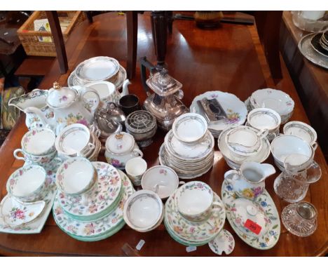 A collection of ceramics to include Shelley, and Minton tea sets to include silver plated tea ware, teapot, sugar bowl, flask