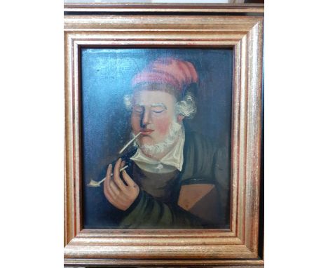 A small framed Dutch style portrait of a bearded gent smoking a pipeLocation: 
