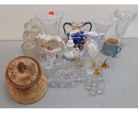 Two cut glass vases, domestic glass to include five custard glass shaped liqueur glasses, and mixed ceramics to include a Dou