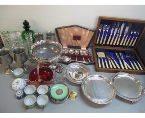 Silver plate, ceramics and glass to include cased cutlery and flatware, silver plated table ware, glass candlesticks, Royal W