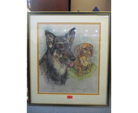 Marjorie Cox - a pastel portrait of two dogs named Digger and Impy, dated 1979, 42.5cm x 48.5cm framed 