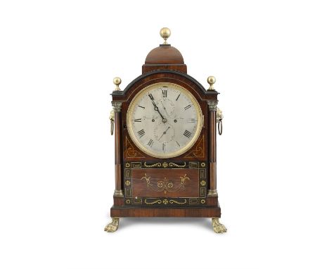 A MAHOGANY AND BRASS INLAID BRACKET CLOCK, 19TH CENTURY, by James Scott, London, of architectural form, the case surmounted b