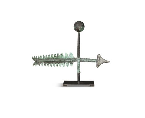 19TH CENTURY COPPER WEATHER VANE, modelled on a feathered arrow with spherical finial displayed on metal plinth stand. 53cm h