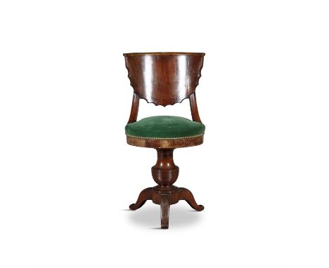 AN INLAID WALNUT SWIVEL TUB CHAIR, 19TH CENTURY, with padded seat on turned revolving centre pillar and tripod base