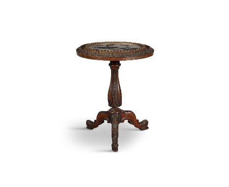 A VICTORIAN WALNUT AND PIETRA DURA CIRCULAR OCCASIONAL TABLE, CIRCA 1870, the centre inset with a song bird perched on fruiti