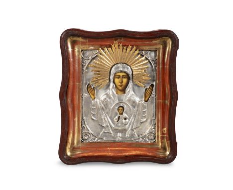 RUSSIAN SCHOOL, 19TH CENTURY,  Icon of Virgin and Child  Housed within silvered oklad and kyot Overall 36 x 31cmRussian icons