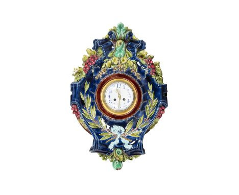 A SARREGUEMINES MAJOLICA PORCELAIN WALL CLOCK BY ALEXANDRE DE GEIGER (1808-1891) & PAUL DE GEIGER (1837-1913), CIRCA 1875, ci