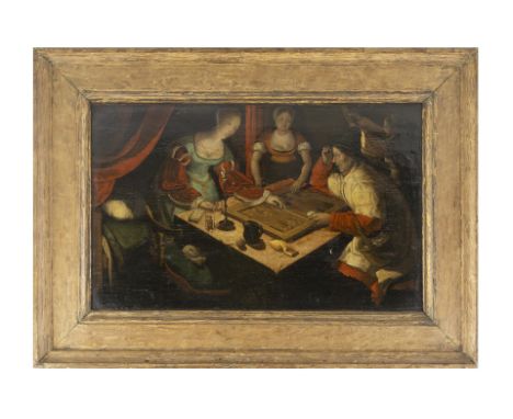 CIRCLE OF LUCAS VAN LEYDEN (1494-1533)  The Backgammon Players Oil on panel, 26 x 40.5 cmProvenance: Senator Edward McGuire, 
