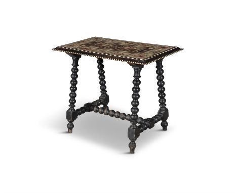 AN ITALIAN WALNUT, TORTOISESHELL AND BONE INLAID CENTRE TABLE, 19th CENTURY, the rectangular top with compartments of marquet