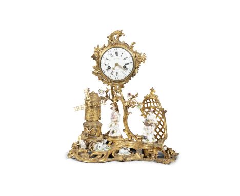A LOUIS XV ORMOLU AND PORCELAIN MANTEL CLOCK, THE MOVEMENT BY ANTOINE-ROBERT BUNON, MID-18TH CENTURY, the white enamelled dia