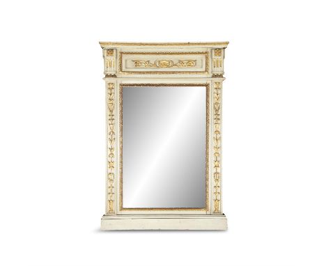 A FRENCH WHITE-PAINTED AND PARCEL GILT PIER MIRROR, 19TH CENTURY, of upright rectangular form, with plain glass plate, flanke