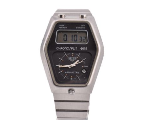 A 1970s/80s Tag Heuer Manhattan Chronosplit wristwatch. The watch having a combination digital and analogue dial with a stain
