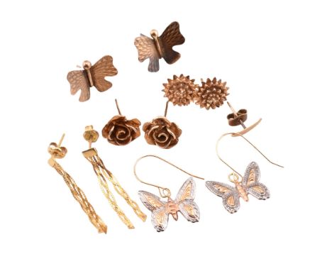 A collection of 9ct gold earrings AF. The gold earrings to include a pair of hallmarked 9ct gold butterfly stud earrings, hal