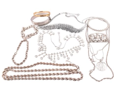 A large collection of silver and costume jewellery. The assorted lot of jewellery to include an 880 silver rope twist chain n