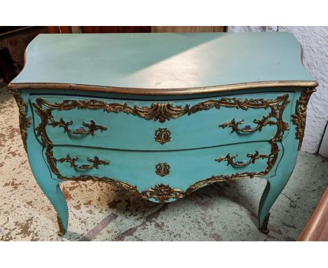 COMMODE, 129cm x 65cm x 83cm, Louis xv style, turquoise painted, gilt detail. 