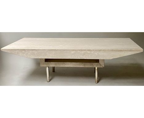 TRAVERTINE LOW TABLE, 140cm x 70cm x 40cm H, travertine marble on travertine shelf and steel support. 