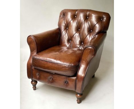CLUB ARMCHAIR, vintage buttoned brown leather with turned front supports, 76cm W. 
