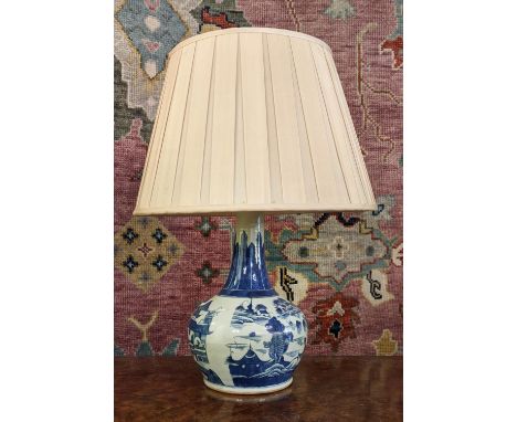 LAMP, over all 55cm H including shade, blue and white Chinese style. 
