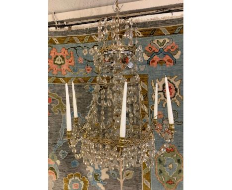 CHANDELIER, approximately 68cm x 95cm H brass with glass droplets with electrified upper light and candle sconces to lower se