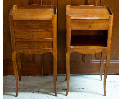 BEDSIDE TABLES, two, Louis XV design, 34cm x 70cm H x 26cm, one with three drawers and the other with a drawer above a shelf.