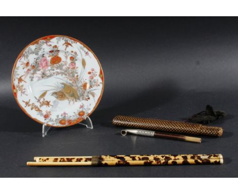 Chinese Tortoiseshell Mounted Chop Sticks, Pipe and Jap Plate