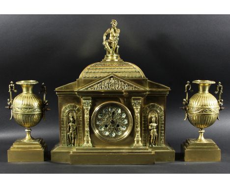 Lacquered Brass Clock Garniture in the Architectural Style