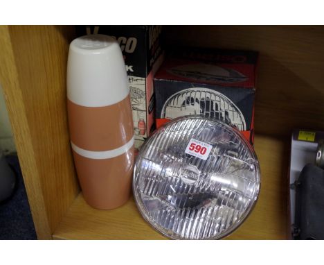 A vintage Lucas sealed beam headlight,&nbsp;by Osram, in original card box; together with a vintage 'Vacco' thermos flask, in